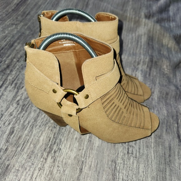 Cato Shoes - Wedge Heel Booties Open Toe Faux Suede Ankle Boots Tan Wide Width 9W Gold Accent